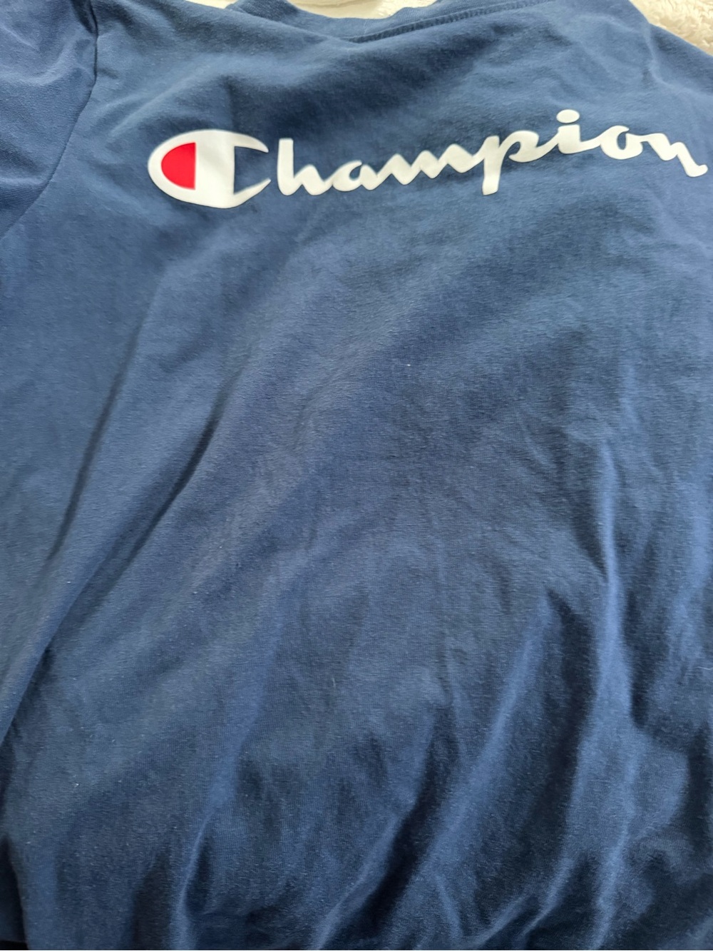 Champion Navy Blue Tee with White Script and Red Accent